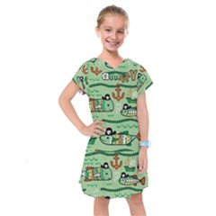 Seamless Pattern Fishes Pirates Cartoon Kids  Drop Waist Dress by Simbadda