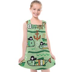 Seamless Pattern Fishes Pirates Cartoon Kids  Cross Back Dress by Simbadda