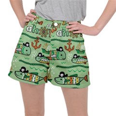 Seamless Pattern Fishes Pirates Cartoon Women s Ripstop Shorts by Simbadda