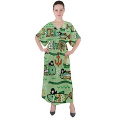 Seamless Pattern Fishes Pirates Cartoon V-neck Boho Style Maxi Dress by Simbadda