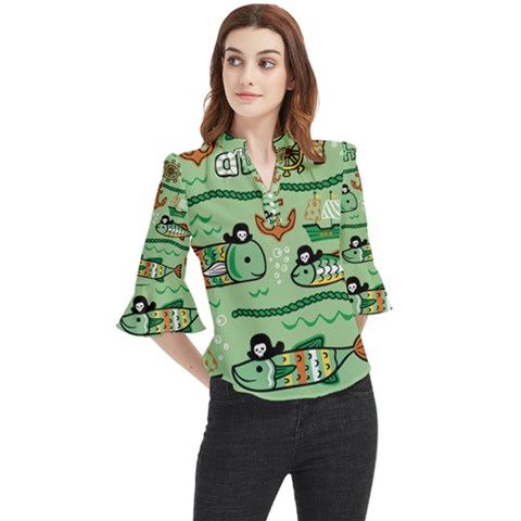 Seamless Pattern Fishes Pirates Cartoon Loose Horn Sleeve Chiffon Blouse by Simbadda