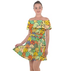 Seamless Pattern With Doodle Bunny Off Shoulder Velour Dress by Simbadda