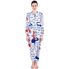 Nautical Cats Seamless Pattern Onepiece Jumpsuit (ladies) by Simbadda