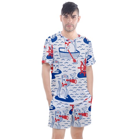 Nautical Cats Seamless Pattern Men s Mesh Tee And Shorts Set by Simbadda