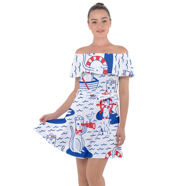 Nautical Cats Seamless Pattern Off Shoulder Velour Dress