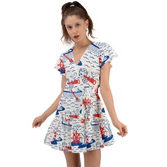 Nautical Cats Seamless Pattern Flutter Sleeve Wrap Dress by Simbadda