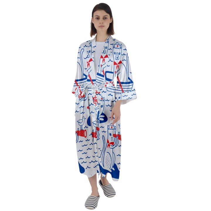 Nautical Cats Seamless Pattern Maxi Satin Kimono