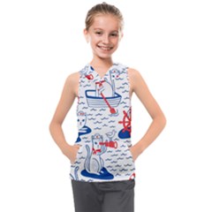 Nautical Cats Seamless Pattern Kids  Sleeveless Hoodie by Simbadda