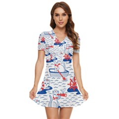 Nautical Cats Seamless Pattern V-neck High Waist Chiffon Mini Dress by Simbadda