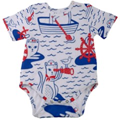 Nautical Cats Seamless Pattern Baby Short Sleeve Bodysuit by Simbadda