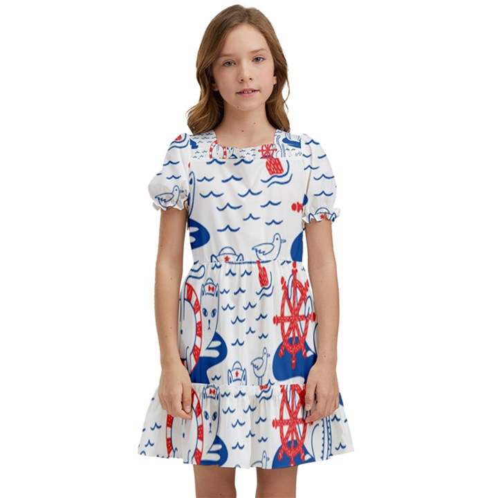 Nautical Cats Seamless Pattern Kids  Puff Sleeved Dress