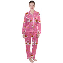 Swan Pattern Elegant Style Women s Long Sleeve Satin Pajamas Set	