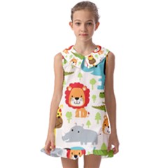 Seamless Pattern Vector With Animals Cartoon Kids  Pilgrim Collar Ruffle Hem Dress by Simbadda