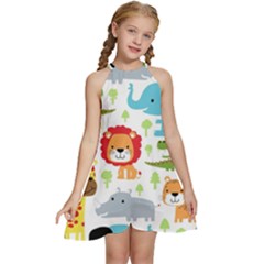 Seamless Pattern Vector With Animals Cartoon Kids  Halter Collar Waist Tie Chiffon Dress by Simbadda