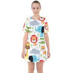 Seamless Pattern Vector With Animals Cartoon Sixties Short Sleeve Mini Dress by Simbadda