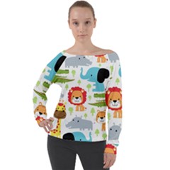 Seamless Pattern Vector With Animals Cartoon Off Shoulder Long Sleeve Velour Top by Simbadda