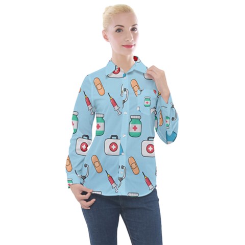 Medical Seamless Pattern Women s Long Sleeve Pocket Shirt by Simbadda