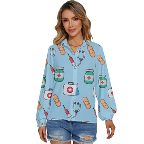 Medical Seamless Pattern Women s Long Sleeve Button Up Shirt by Simbadda