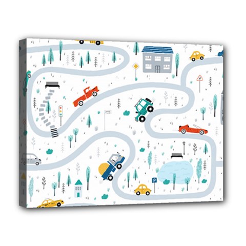 Cute Children Seamless Pattern With Cars Road Park Houses White Background Illustration Town Cartooo Canvas 14  X 11  (stretched) by Simbadda