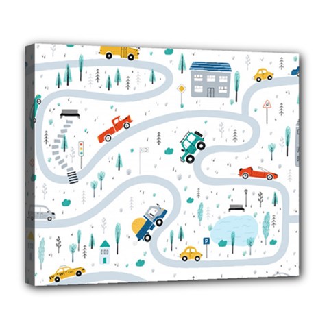 Cute Children Seamless Pattern With Cars Road Park Houses White Background Illustration Town Cartooo Deluxe Canvas 24  X 20  (stretched) by Simbadda