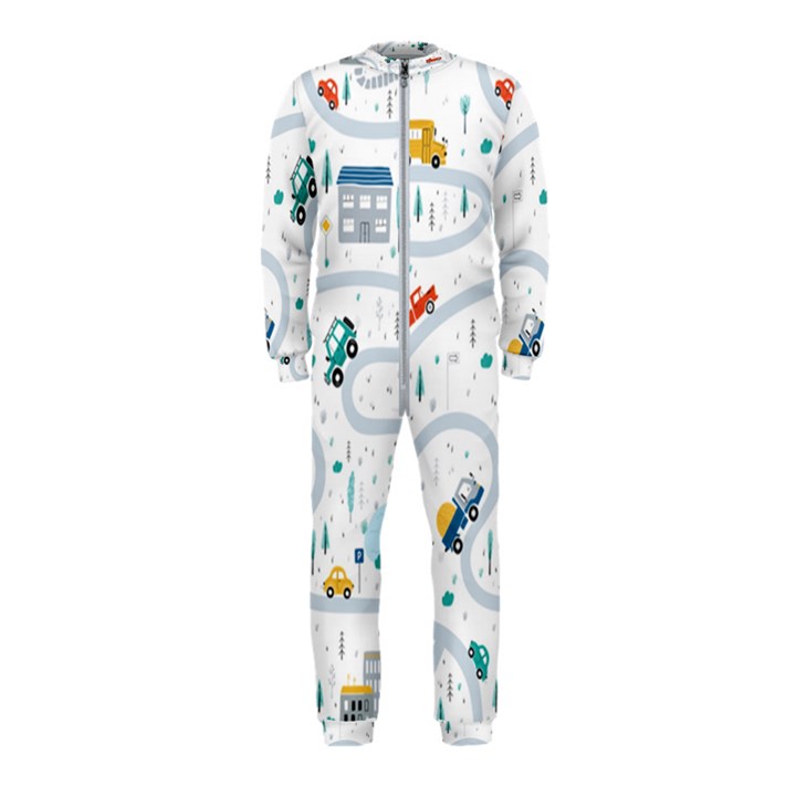 Cute Children Seamless Pattern With Cars Road Park Houses White Background Illustration Town Cartooo OnePiece Jumpsuit (Kids)