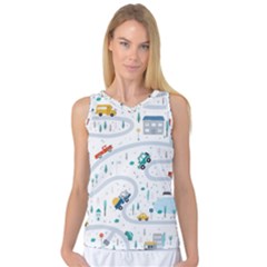 Cute Children Seamless Pattern With Cars Road Park Houses White Background Illustration Town Cartooo Women s Basketball Tank Top by Simbadda