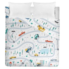 Cute Children Seamless Pattern With Cars Road Park Houses White Background Illustration Town Cartooo Duvet Cover Double Side (queen Size) by Simbadda