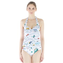 Cute Children Seamless Pattern With Cars Road Park Houses White Background Illustration Town Cartooo Halter Swimsuit by Simbadda