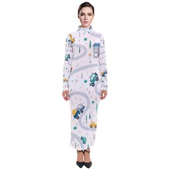 Cute Children Seamless Pattern With Cars Road Park Houses White Background Illustration Town Cartooo Turtleneck Maxi Dress by Simbadda