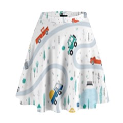 Cute Children Seamless Pattern With Cars Road Park Houses White Background Illustration Town Cartooo High Waist Skirt by Simbadda