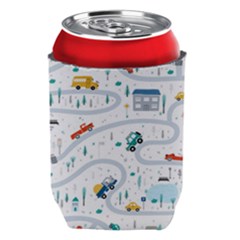 Cute Children Seamless Pattern With Cars Road Park Houses White Background Illustration Town Cartooo Can Holder by Simbadda