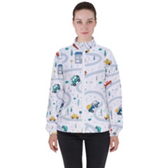 Cute Children Seamless Pattern With Cars Road Park Houses White Background Illustration Town Cartooo Women s High Neck Windbreaker by Simbadda