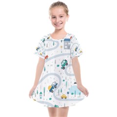 Cute Children Seamless Pattern With Cars Road Park Houses White Background Illustration Town Cartooo Kids  Smock Dress by Simbadda