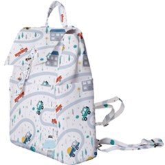 Cute Children Seamless Pattern With Cars Road Park Houses White Background Illustration Town Cartooo Buckle Everyday Backpack by Simbadda