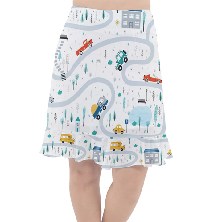 Cute Children Seamless Pattern With Cars Road Park Houses White Background Illustration Town Cartooo Fishtail Chiffon Skirt