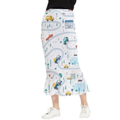 Cute Children Seamless Pattern With Cars Road Park Houses White Background Illustration Town Cartooo Maxi Fishtail Chiffon Skirt