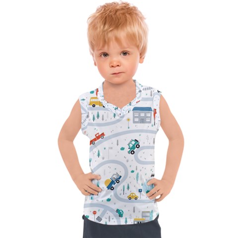 Cute Children Seamless Pattern With Cars Road Park Houses White Background Illustration Town Cartooo Kids  Sport Tank Top by Simbadda