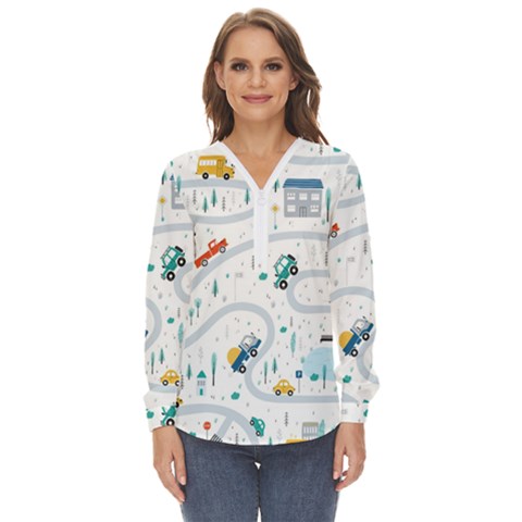 Cute Children Seamless Pattern With Cars Road Park Houses White Background Illustration Town Cartooo Zip Up Long Sleeve Blouse by Simbadda