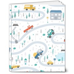 Cute Children Seamless Pattern With Cars Road Park Houses White Background Illustration Town Cartooo 8  X 10  Hardcover Notebook by Simbadda