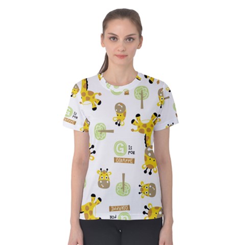 Vector Pattern With Cute Giraffe Cartoon Women s Cotton Tee by Simbadda