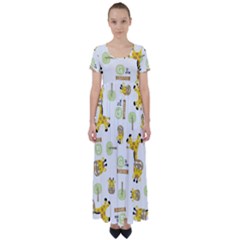 Vector Pattern With Cute Giraffe Cartoon High Waist Short Sleeve Maxi Dress by Simbadda