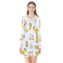 Vector Pattern With Cute Giraffe Cartoon Long Sleeve V-neck Flare Dress by Simbadda