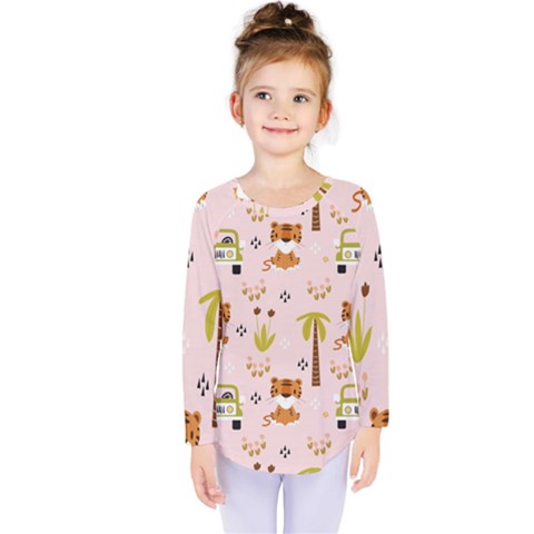 Cute Tiger Car Safari Seamless Pattern Kids  Long Sleeve Tee by Simbadda