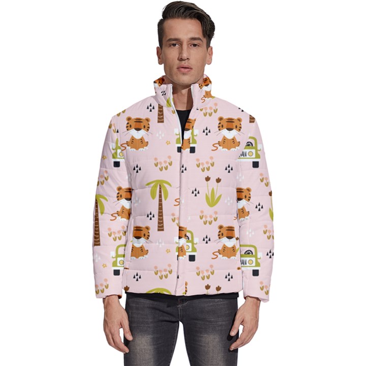 Cute Tiger Car Safari Seamless Pattern Men s Puffer Bubble Jacket Coat