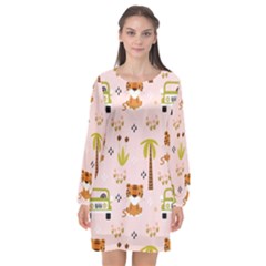 Cute Tiger Car Safari Seamless Pattern Long Sleeve Chiffon Shift Dress  by Simbadda