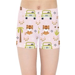 Cute Tiger Car Safari Seamless Pattern Kids  Sports Shorts by Simbadda