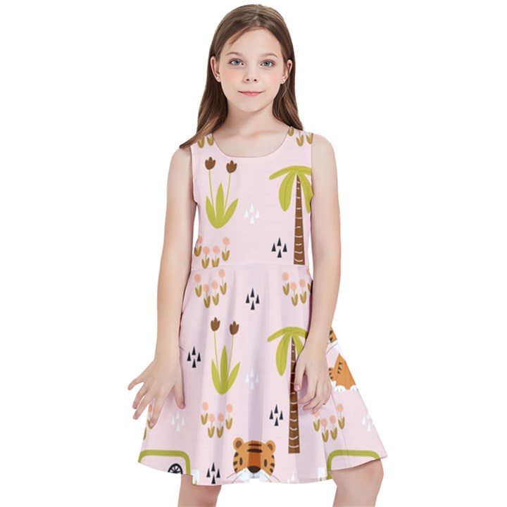 Cute Tiger Car Safari Seamless Pattern Kids  Skater Dress