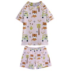 Cute Tiger Car Safari Seamless Pattern Kids  Swim Tee And Shorts Set by Simbadda