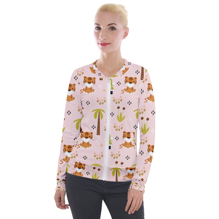 Cute Tiger Car Safari Seamless Pattern Velvet Zip Up Jacket