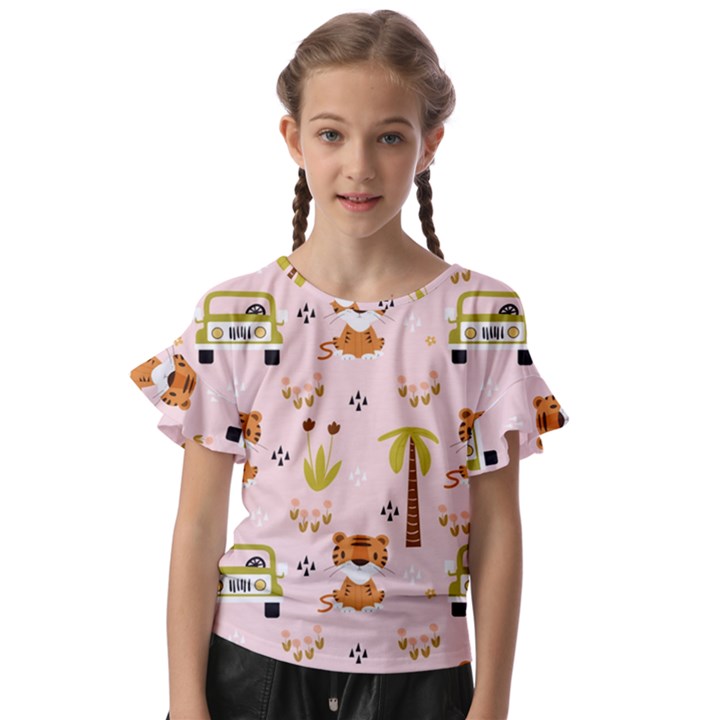 Cute Tiger Car Safari Seamless Pattern Kids  Cut Out Flutter Sleeves